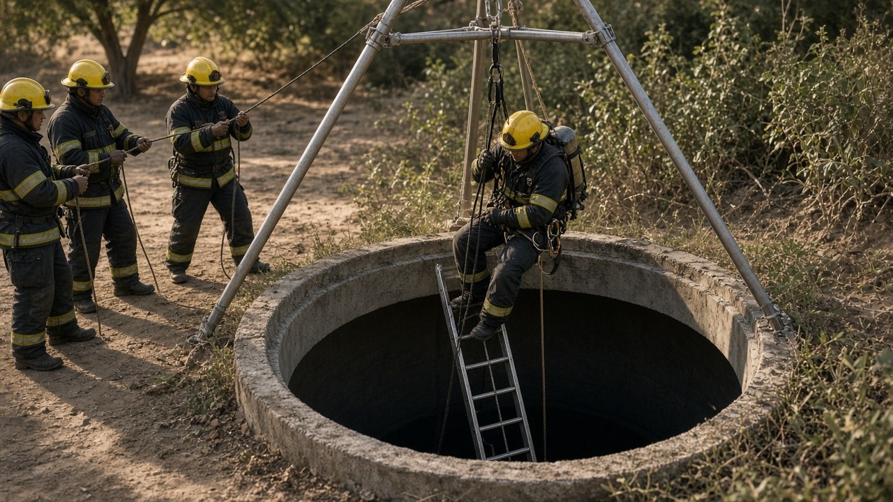 A rescuer lowered into the drain on a rope