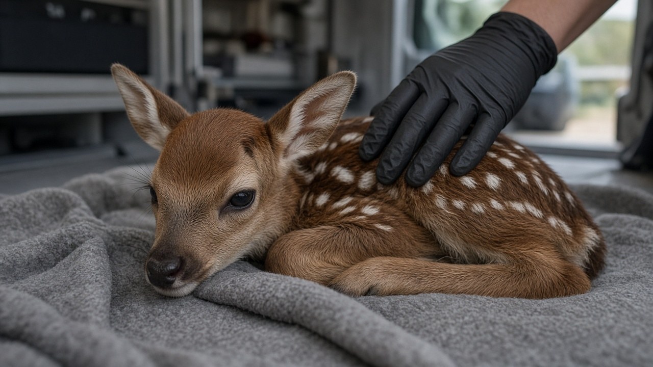 The rescued fawn resting safely on its way to rehab