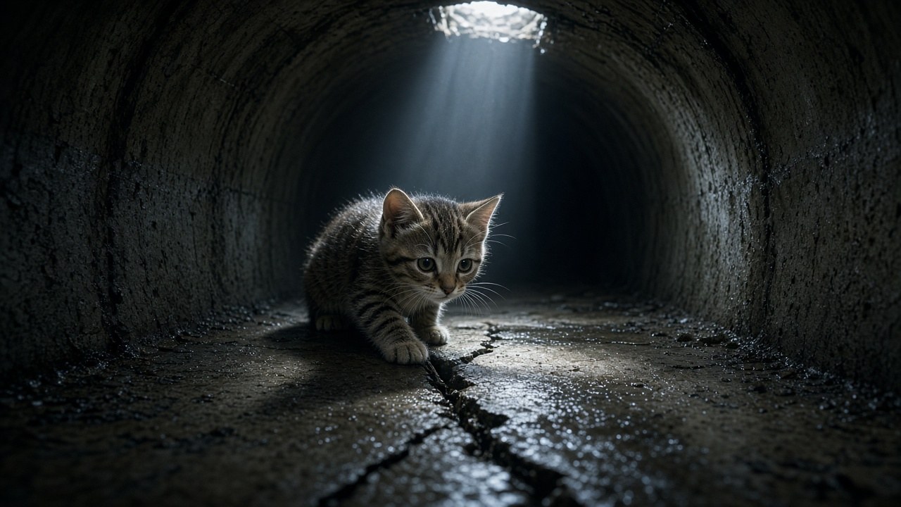 A tiny kitten trapped in a sewer