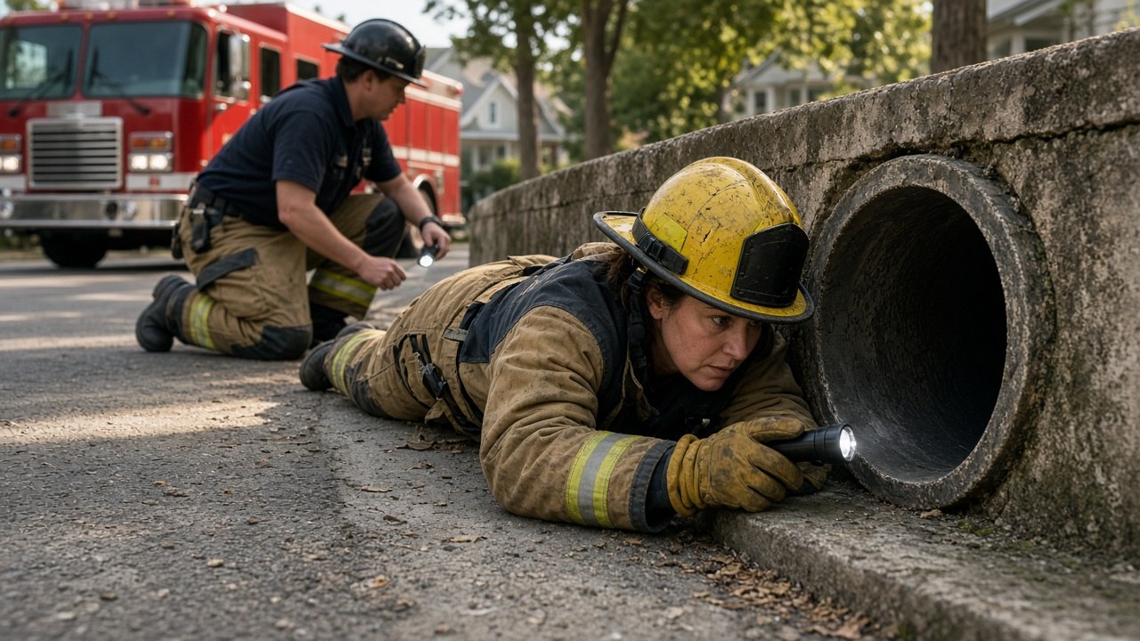 A firefighter crawling into a sewer opening