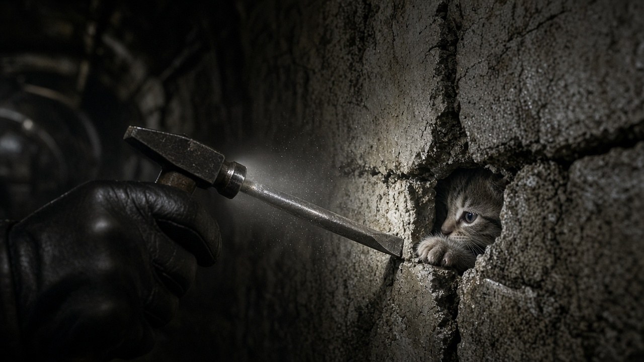 A gloved hand carefully chiseling concrete around a kitten's paw