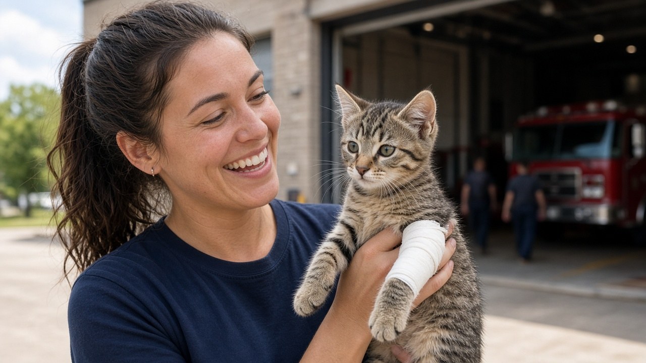 A firefighter holding a small rescued kitten