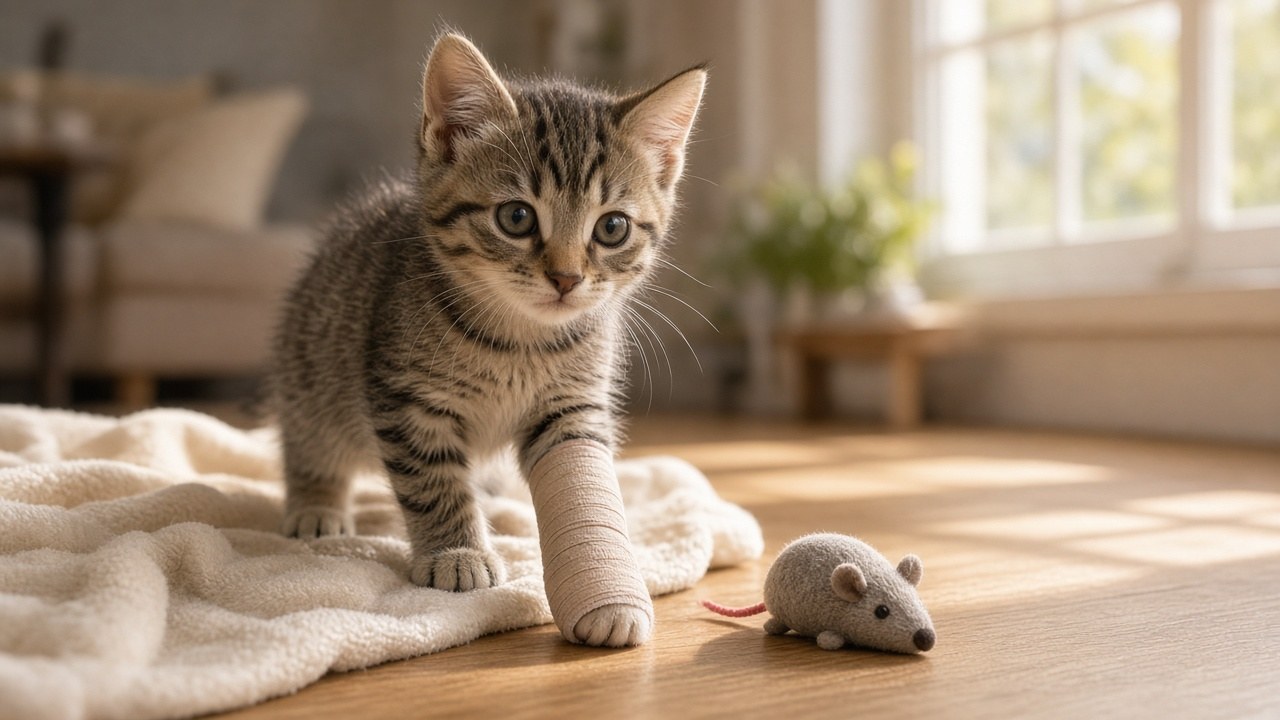 A recovering kitten standing on a soft blanket at home