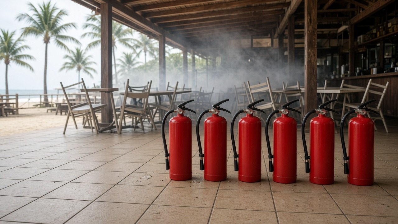 Borrowed fire extinguishers lined up on the restaurant floor