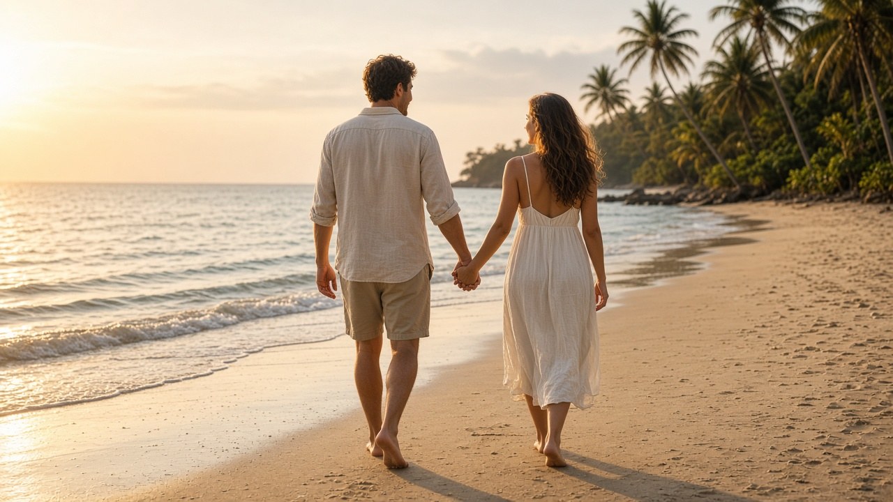 A couple walking on a tropical beach at sunset