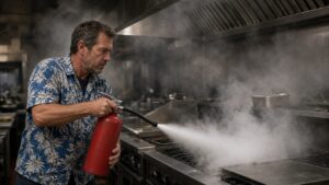 A man in a casual vacation shirt spraying a fire extinguisher into a smoky restaurant kitchen