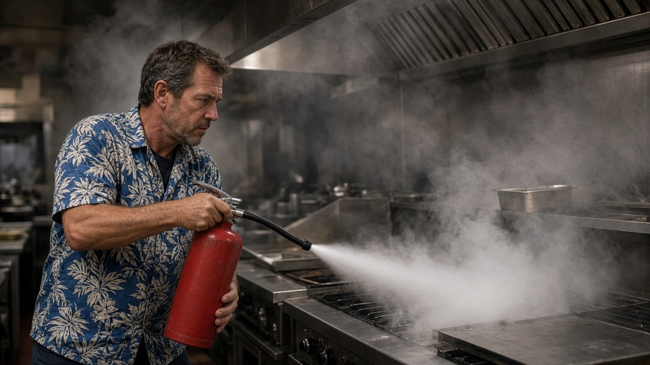 A man in a casual vacation shirt spraying a fire extinguisher into a smoky restaurant kitchen