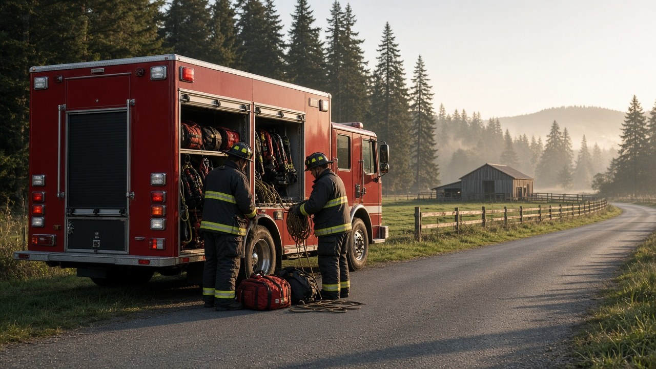 Metchosin firefighters arriving at the farm