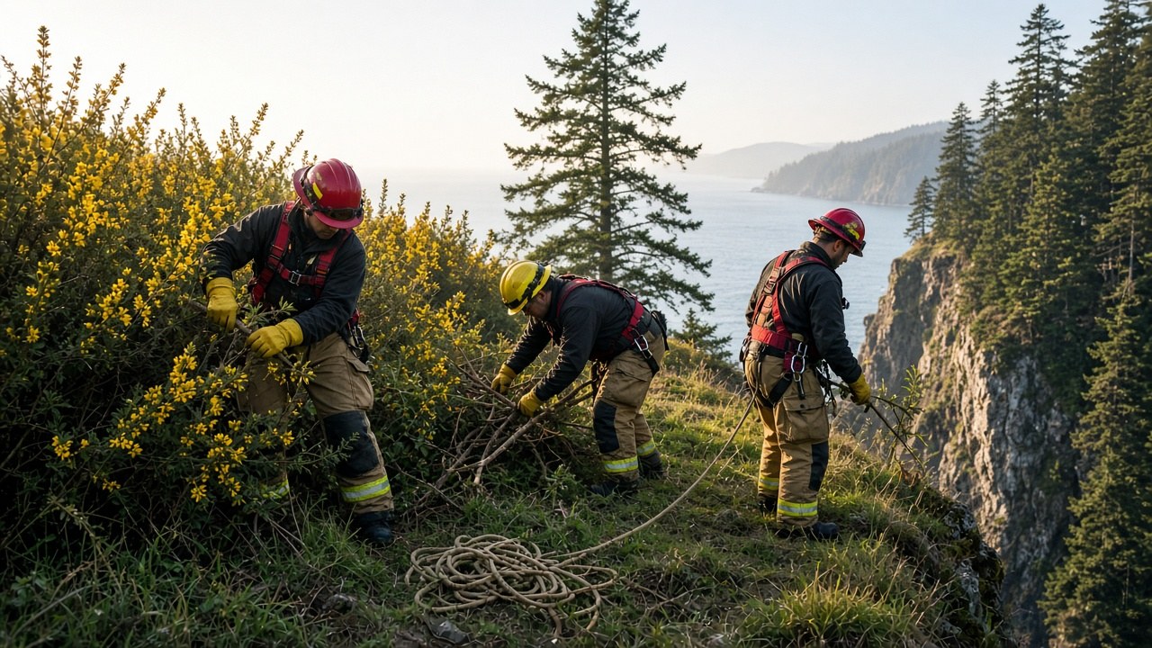 Crews clearing broom to make a path down the cliff
