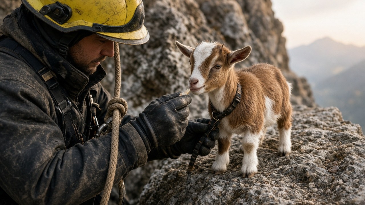 Firefighter securing the harness on Aphrodite