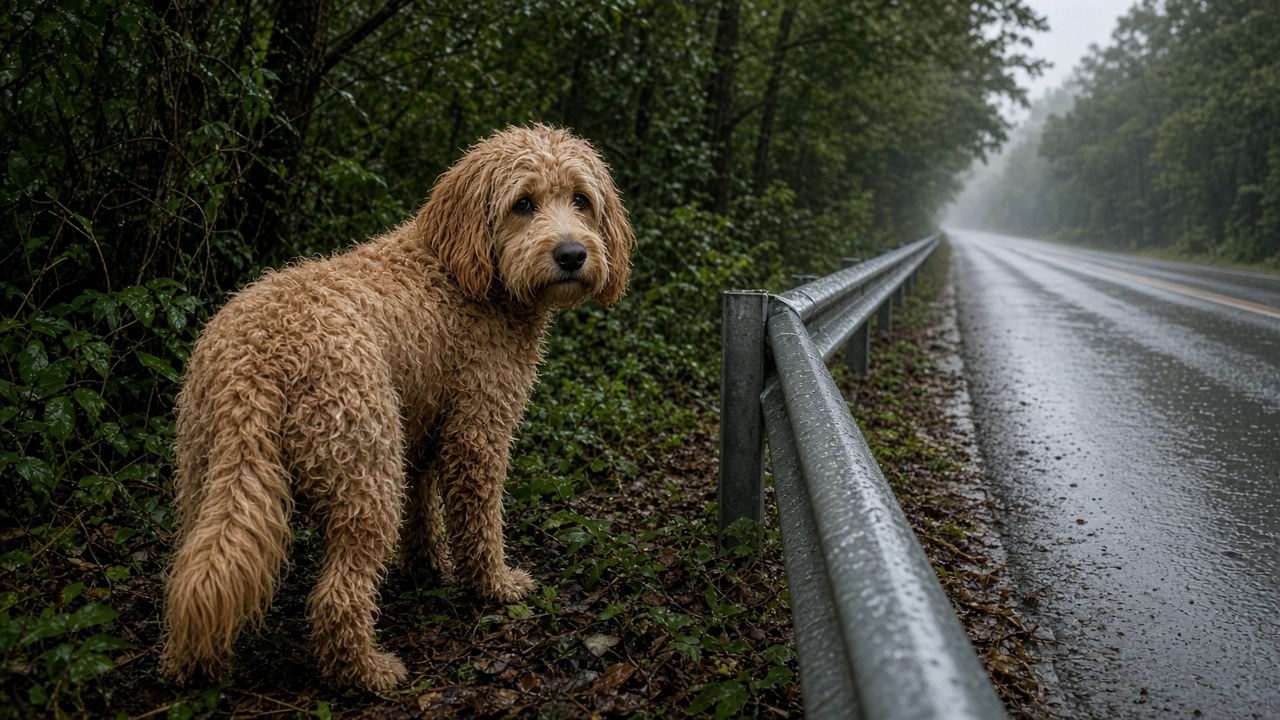 Tobey hiding at the edge of the woods near the highway