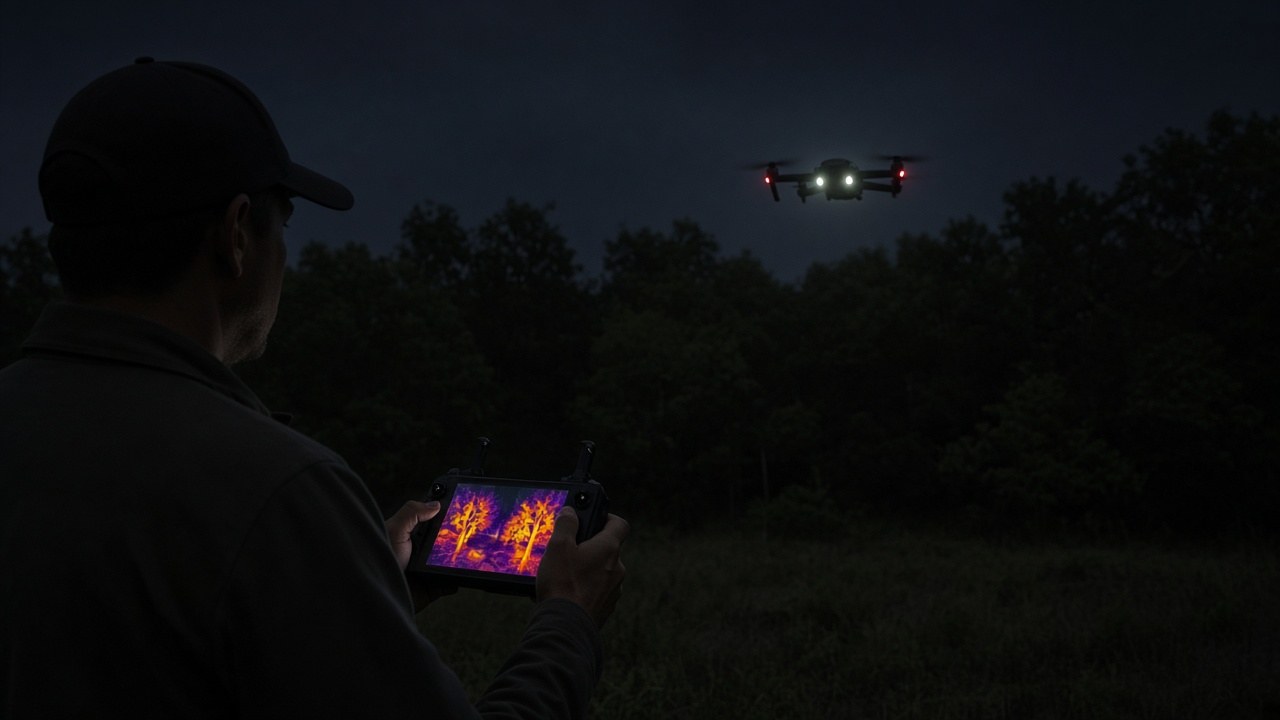 A drone pilot scanning the woods with a thermal camera at night