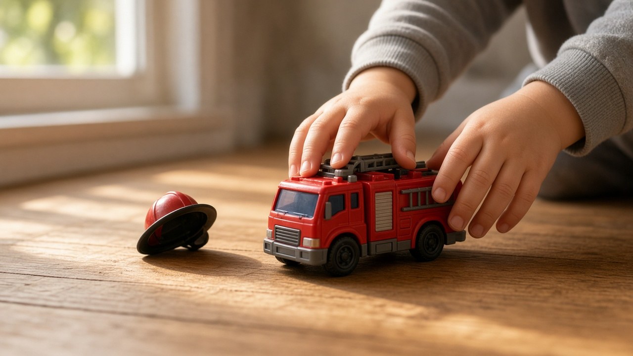 Graham loves his toy fire trucks