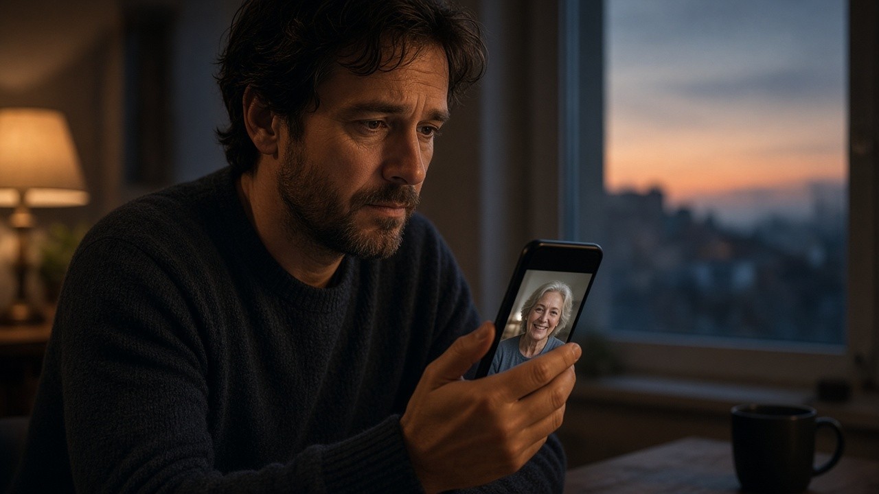 Man on a video call with his mother, missing her from far away