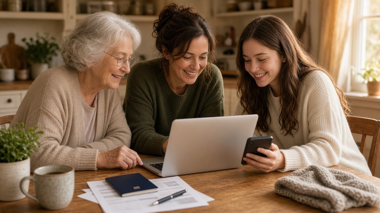 Three women secretly planning a surprise trip with a passport and flight plans