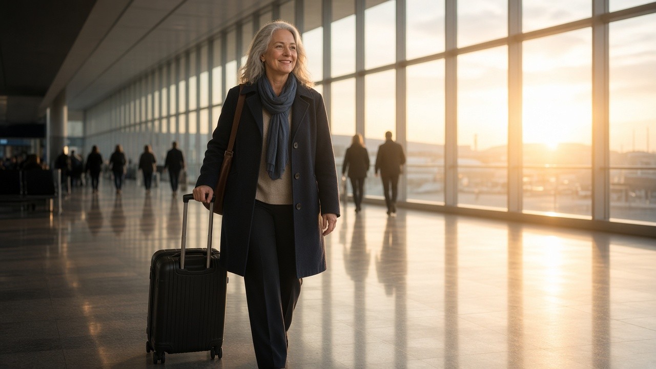 Grandmother pulling a suitcase through an airport after a long flight