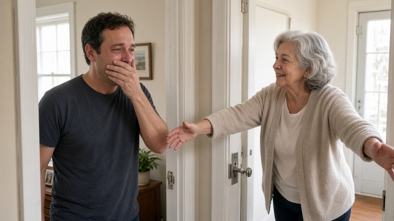 Stunned son seeing his mother walk through the door with open arms