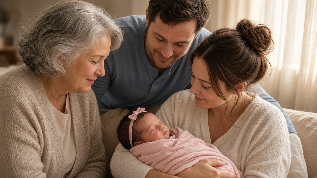 Three generations of a family gathered around a sleeping newborn baby girl