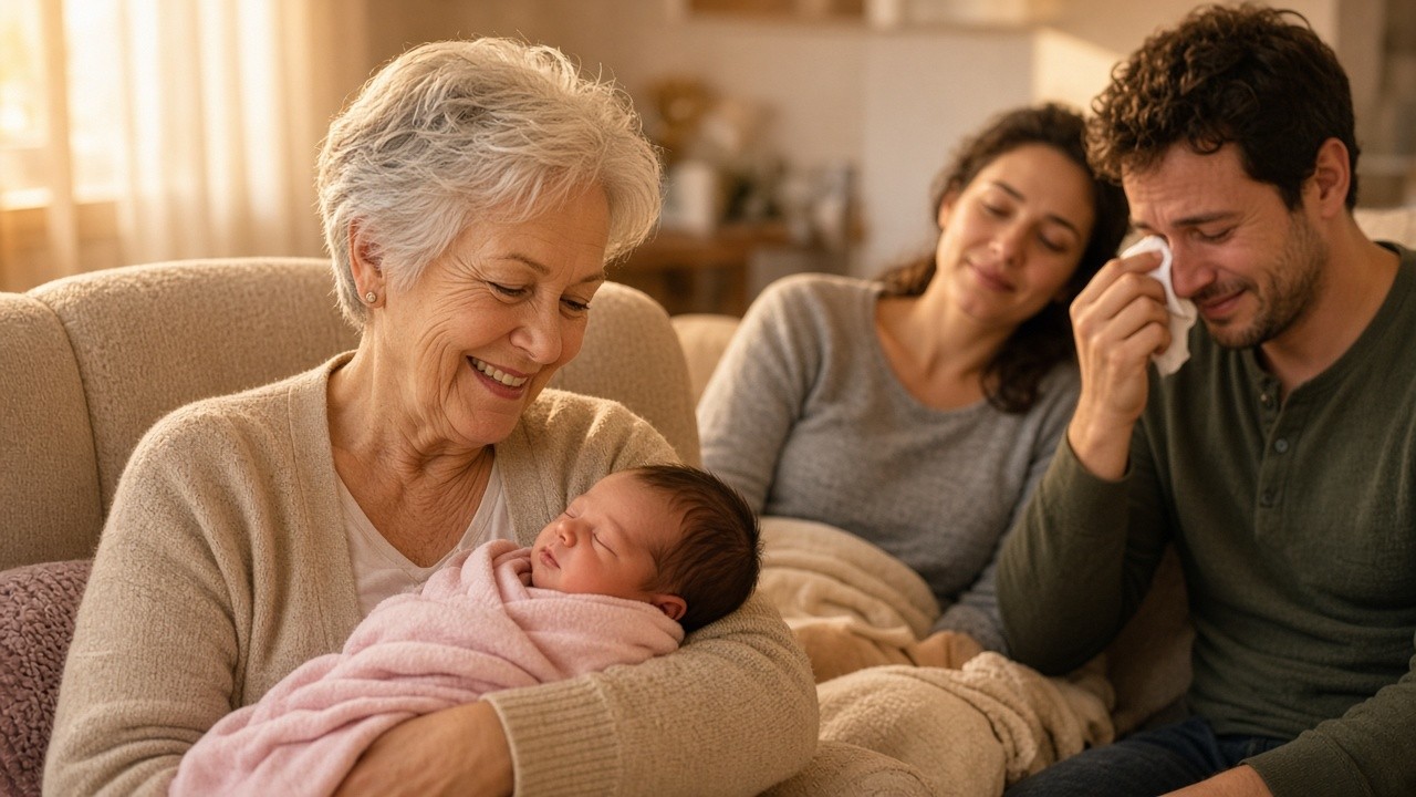 Grandmother smiling as she cradles her newborn granddaughter while the new parents look on
