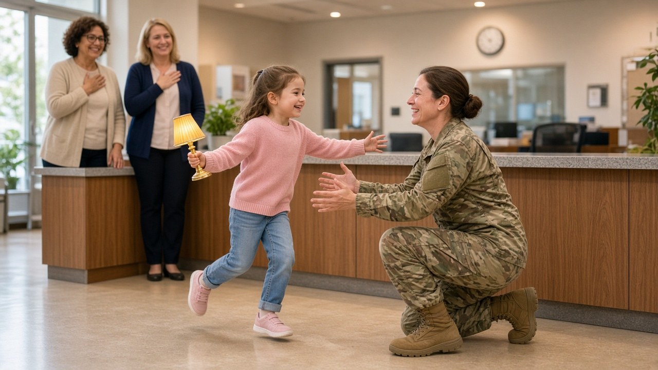 A young girl in a school office hugging her mother in a military uniform while holding a small golden lamp