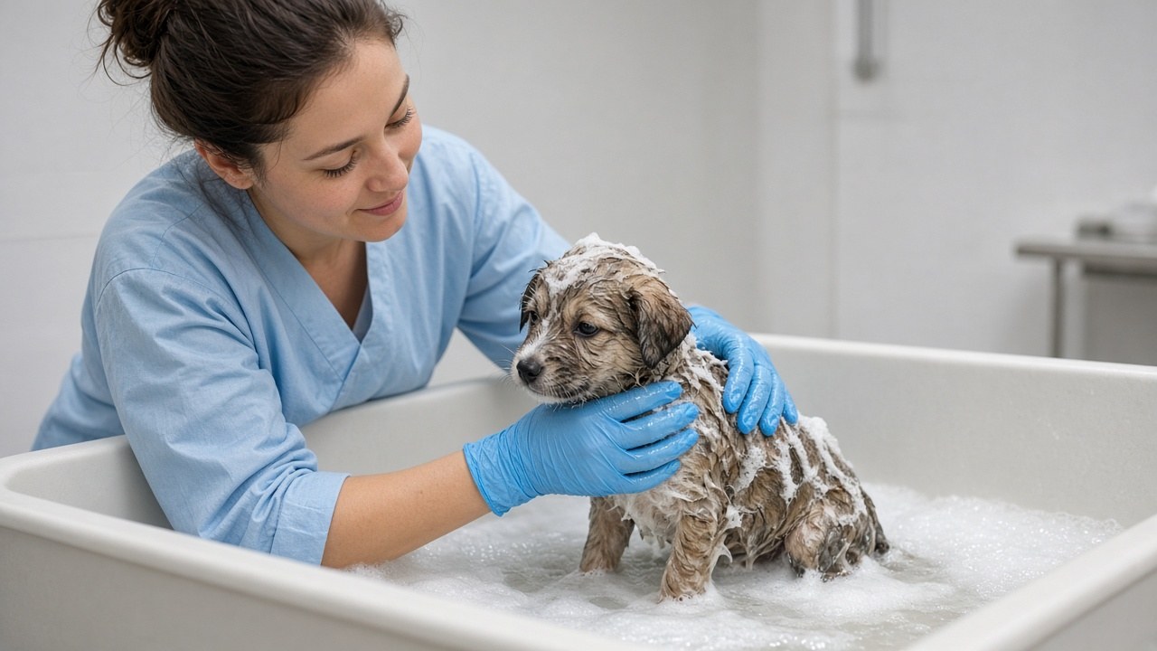 A medicated bath to soothe his skin