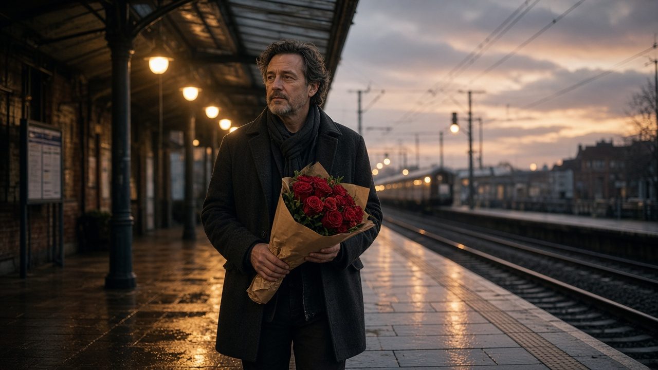 Hombre joven esperando con rosas en una estación de tren antigua