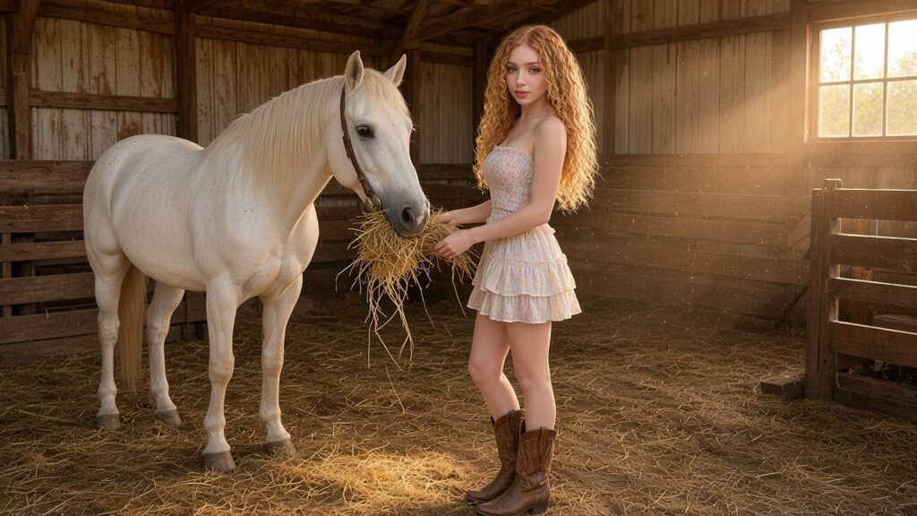 Woman in cowboy boots feeding hay to a white horse in a ranch barn
