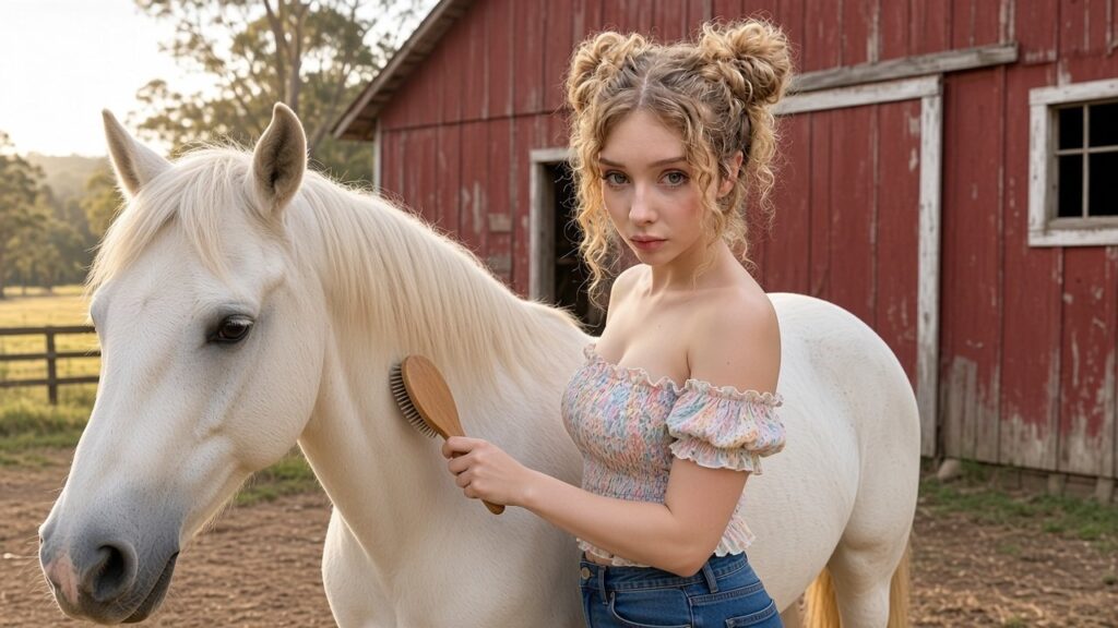 Woman brushing a white horse beside a red barn