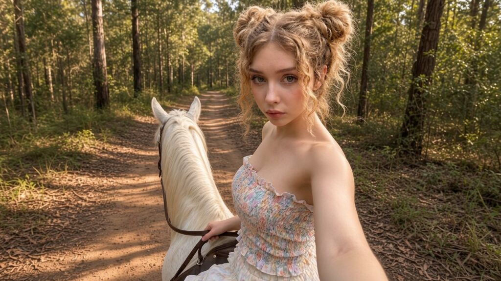 Woman taking a selfie while riding a white horse on a forest trail