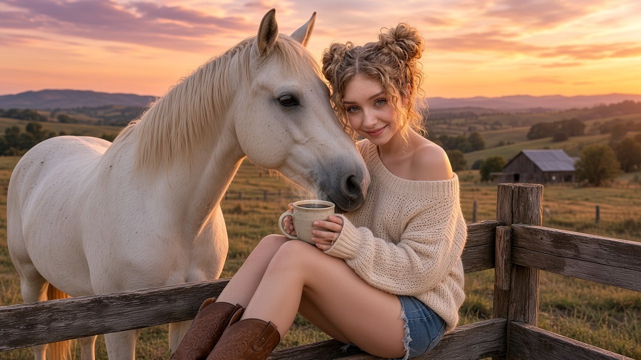 Woman sitting on a ranch fence with coffee as a white horse nuzzles her at sunset