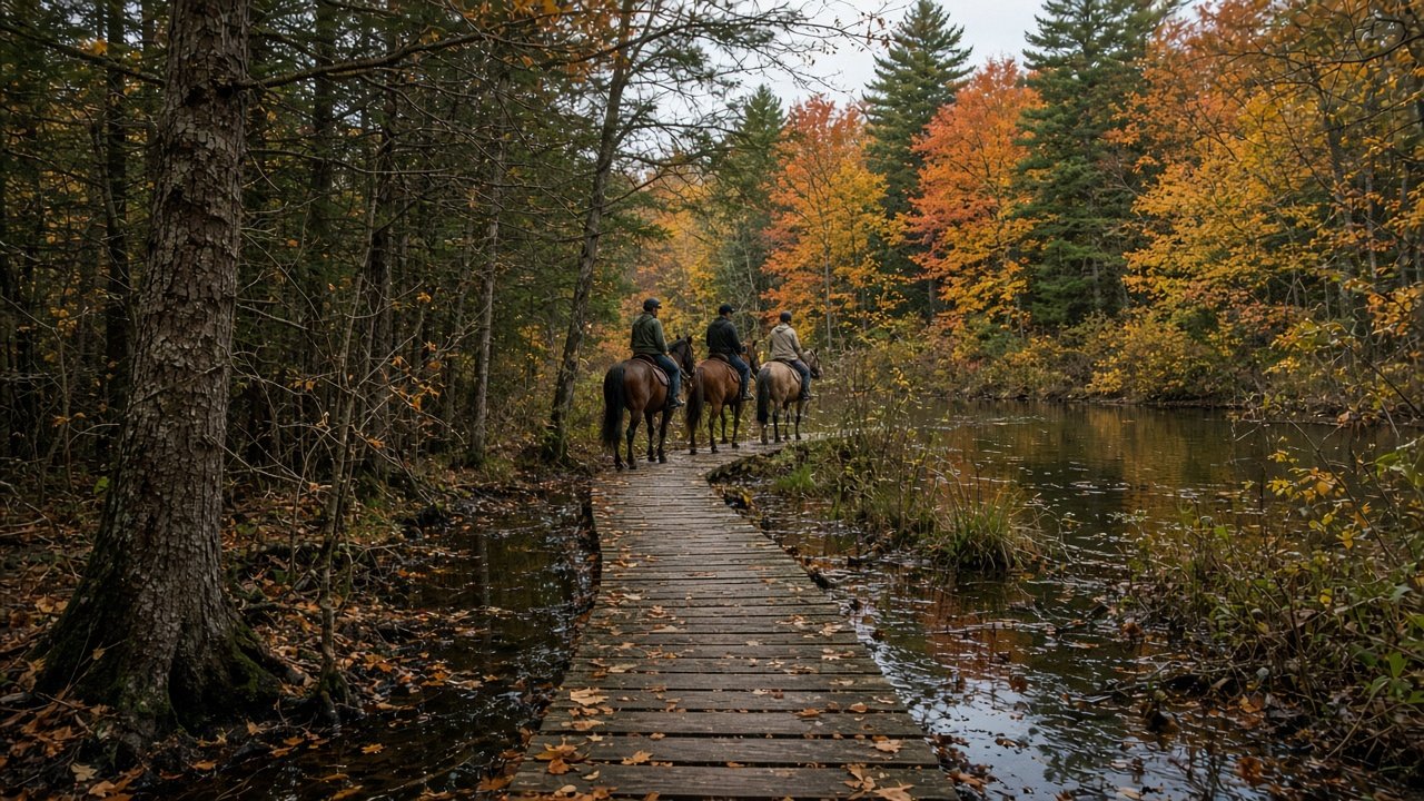 Riders crossing a narrow boardwalk over a muddy swamp in an autumn forest