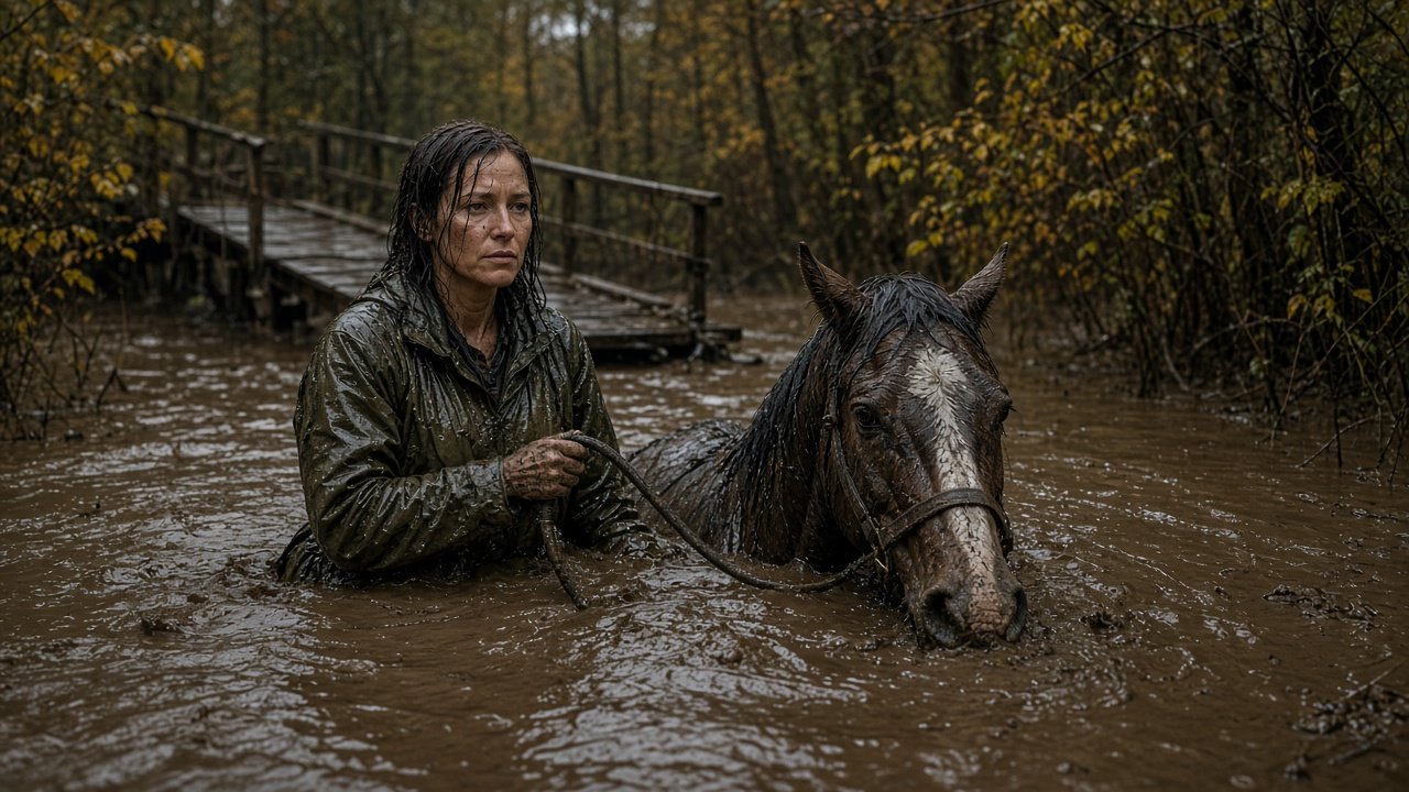 Soaked woman in the swamp holding her trapped horse's head above the muddy water