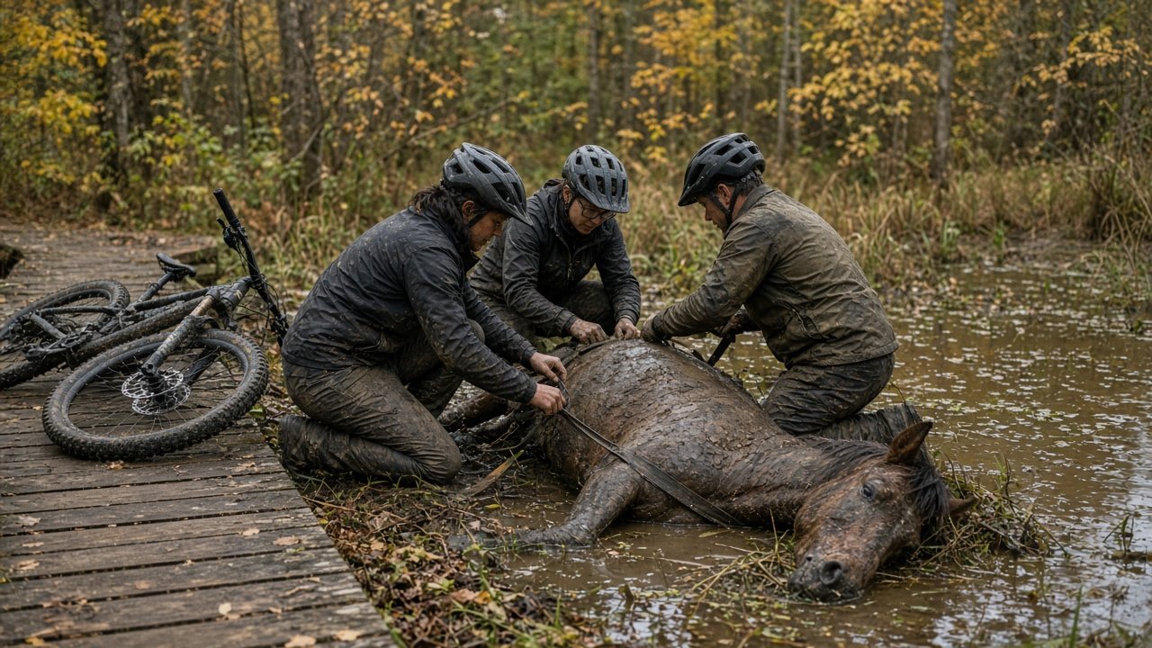 Mountain bikers working a strap under a stuck horse's belly to free him