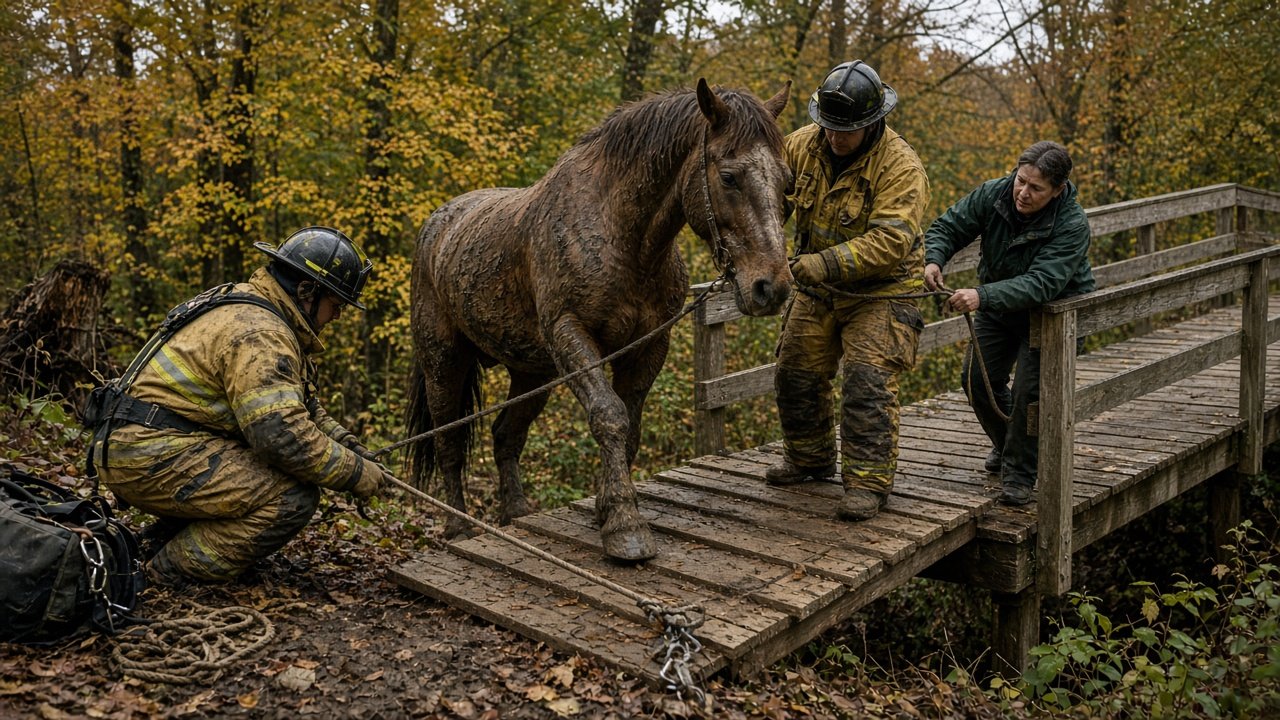 Firefighters and a vet helping the horse step back up onto the boardwalk