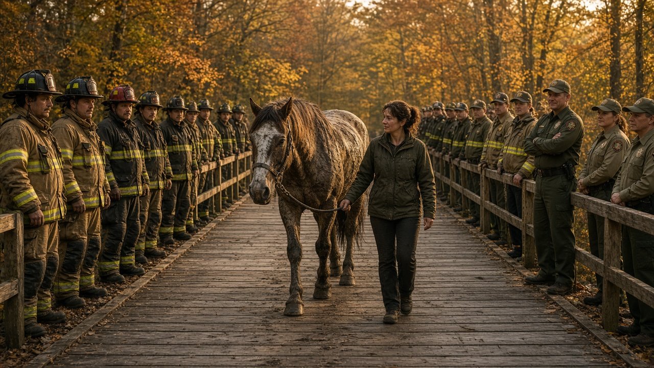 Rescued horse walking out along the boardwalk lined with first responders