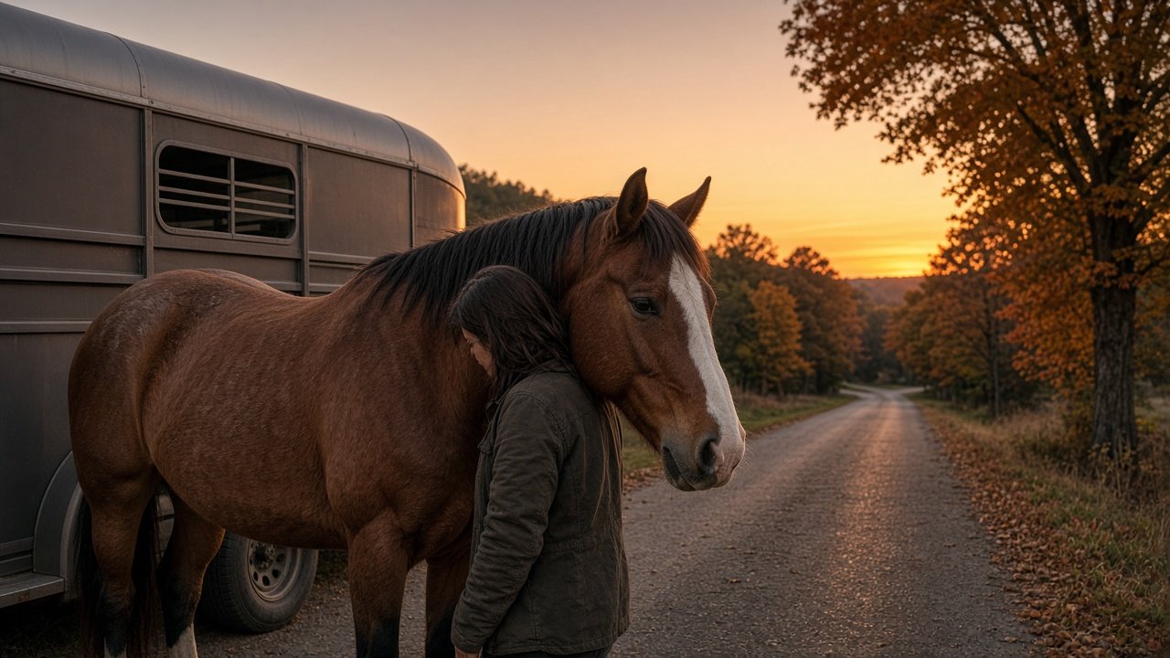 Owner resting her head against her rescued horse beside the trailer at sunset