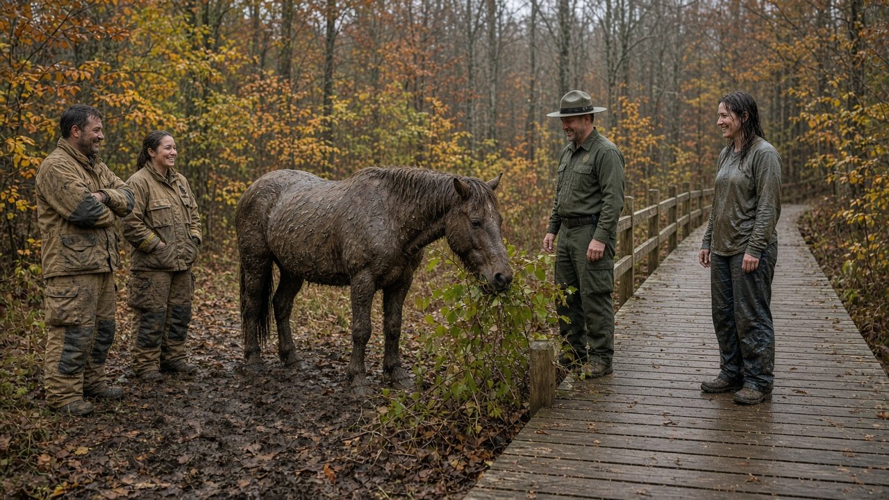 Muddy rescued horse nibbling leaves beside rescuers after being freed from the swamp