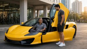 A smiling gym cleaner sits behind the wheel of a supercar as its owner stands by the open door