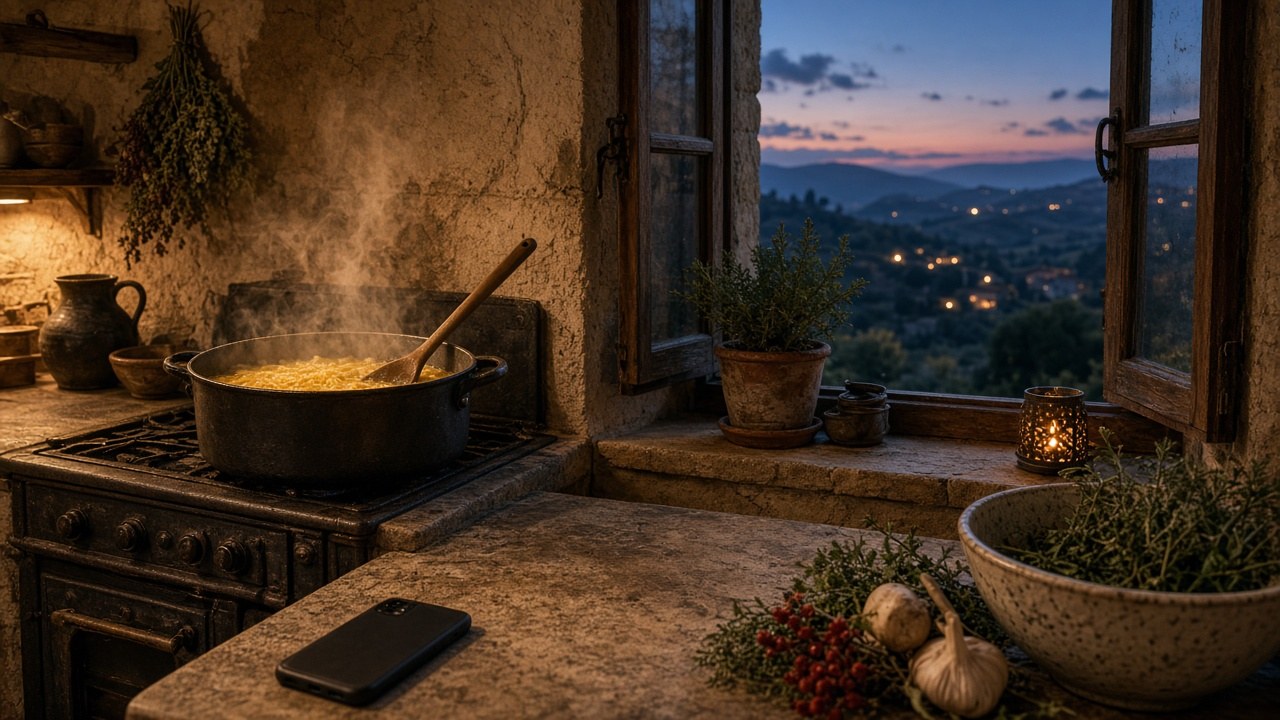 Stirring the pasta pot in a Tuscan kitchen when the text arrived