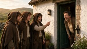 Three young men in hobbit-style cloaks at the front door of a cottage handing a gold ring to a smiling man