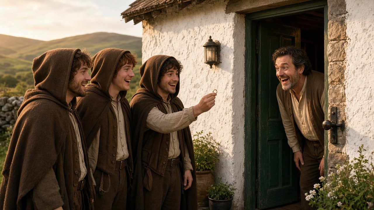 Three young men in hobbit-style cloaks at the front door of a cottage handing a gold ring to a smiling man