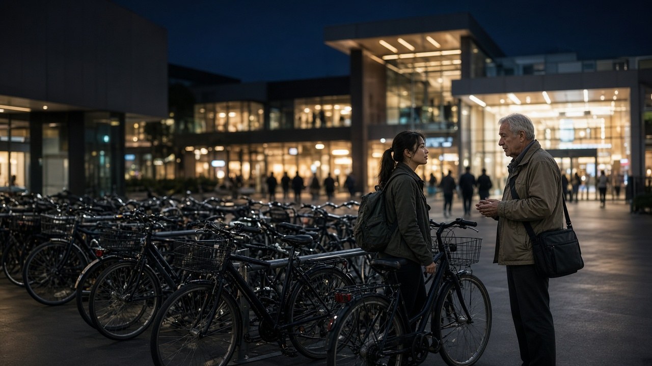 The bicycle parking area near JEM where she heard him asking for help