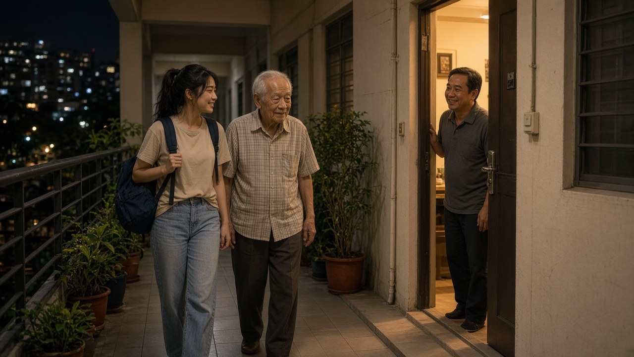 A young woman walking beside an elderly man along a lit apartment corridor at night toward a family waiting at an open door