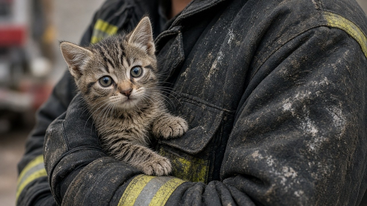 The kitten safe in a firefighter's arms