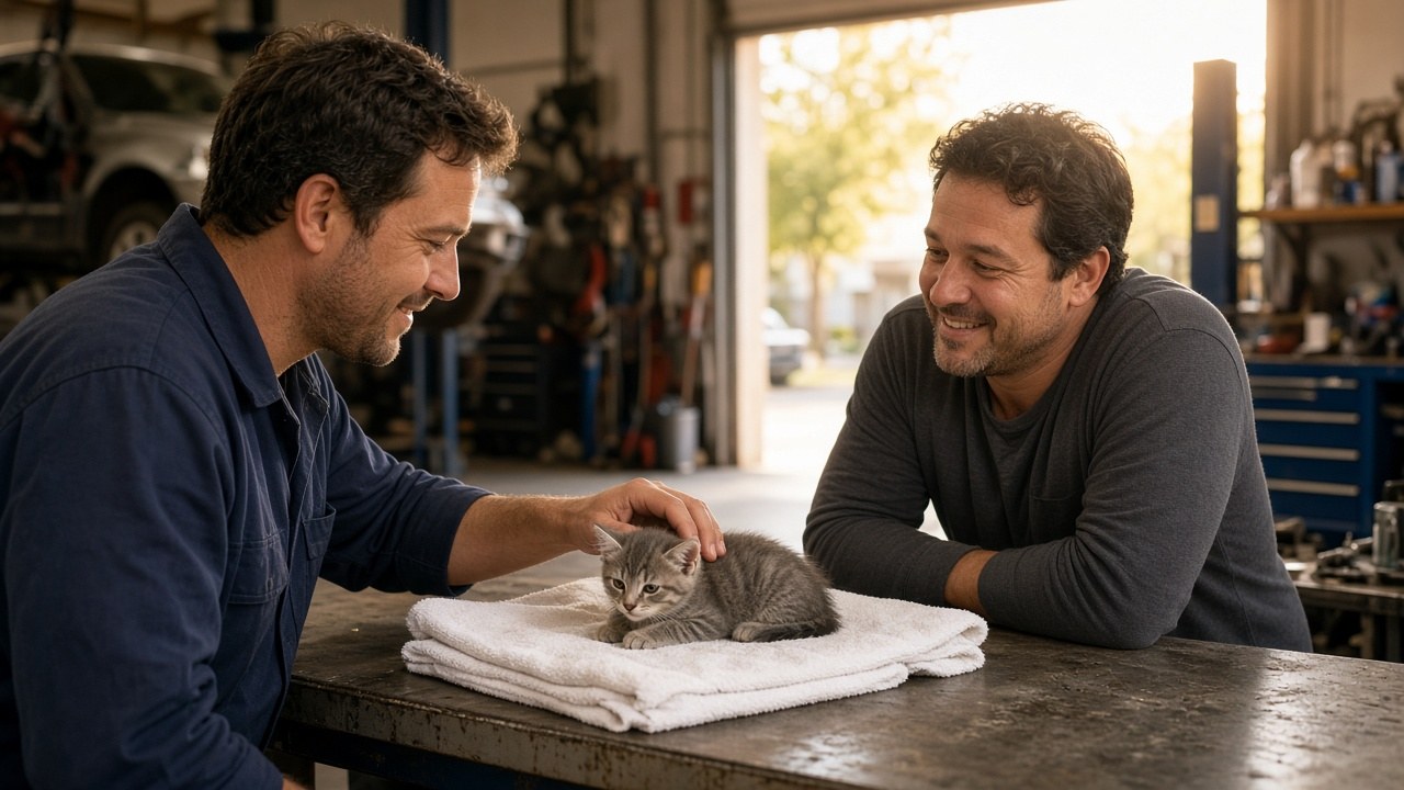 Auto shop owners with their new kitten