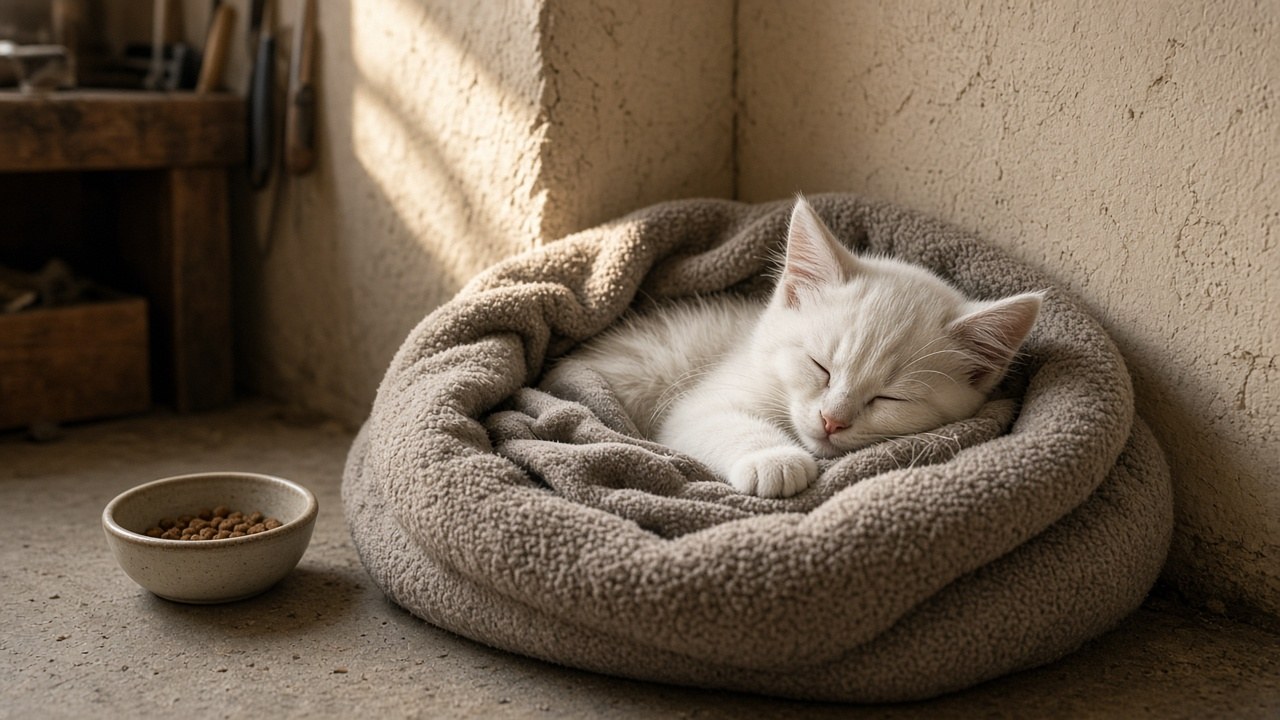 The kitten resting in her forever home