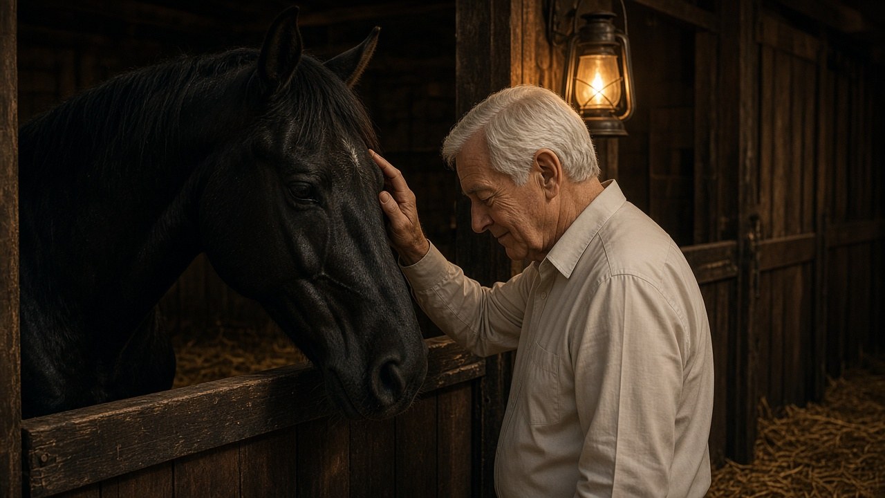 Raven resting her head against Royce in the barn