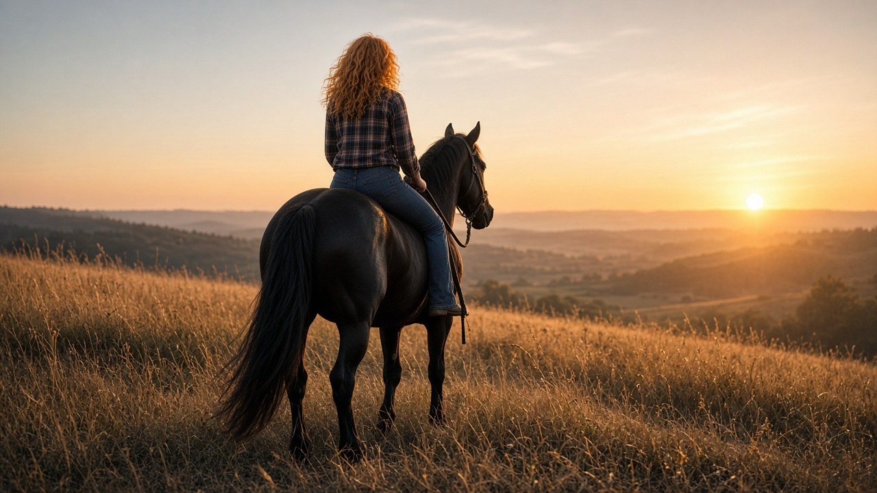 Lana riding Raven bareback at sunset
