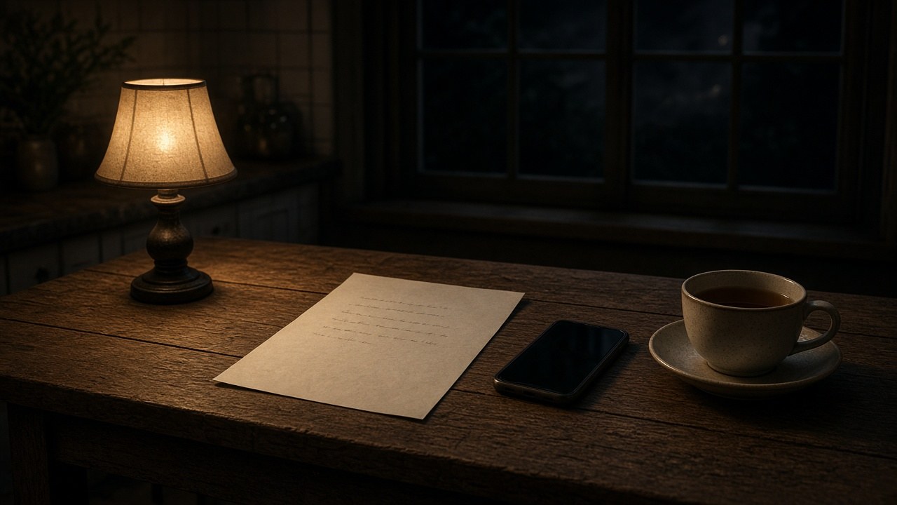 The back of Caroline's letter under the kitchen lamp