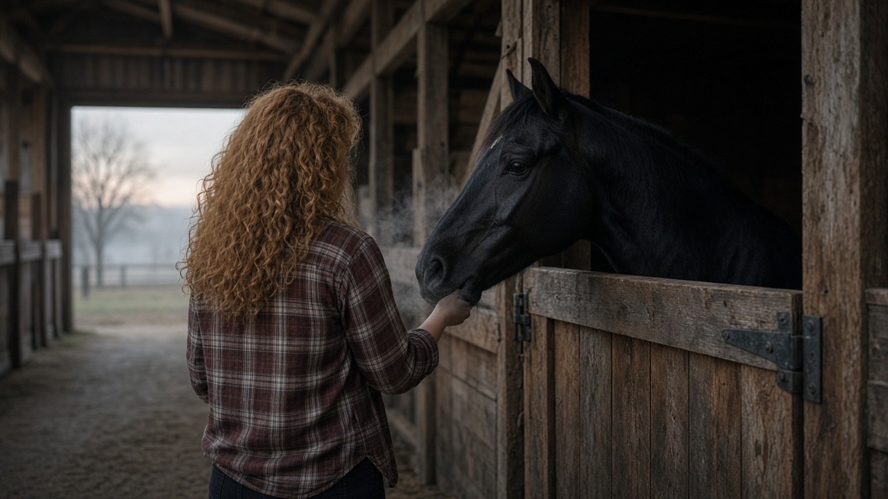 Lana feeding Raven at dawn